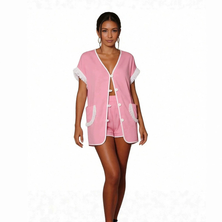 Contrast Trim Knit Cardigan &amp; Shorts Set
