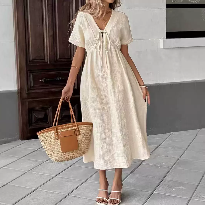 Elegant Cotton Gauze Tie-Front Midi Dress