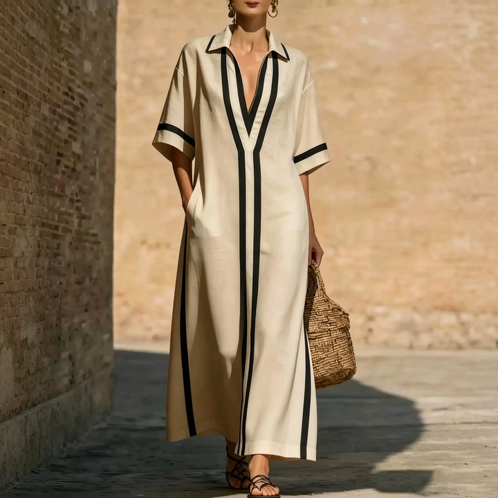 Contrast Trim Collared Maxi Dress