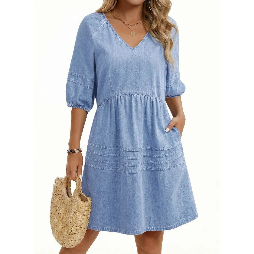 V-Neck Puff Sleeve Chambray Denim Dress