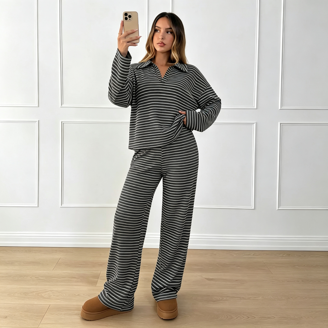 Striped Polo Neck Wide Leg Lounge Set