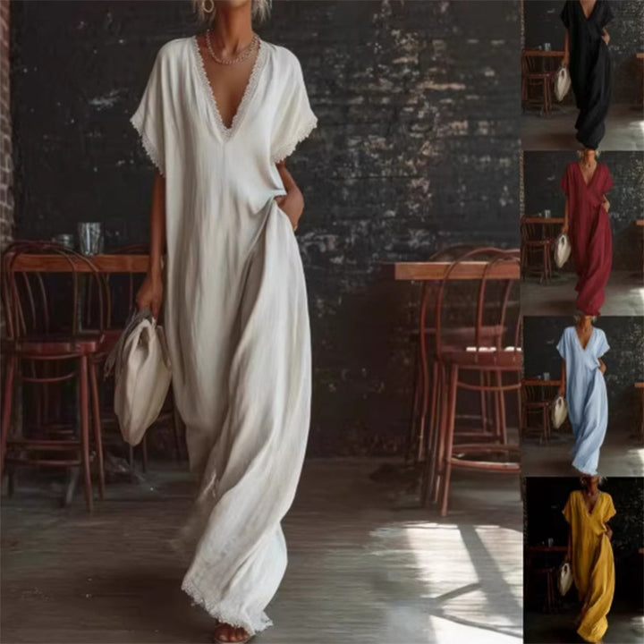 Linen Blend Lace Trim Maxi Dress