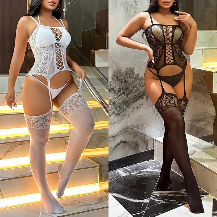 Sheer lace camisole bodysuit with matching over-the-knee stockings