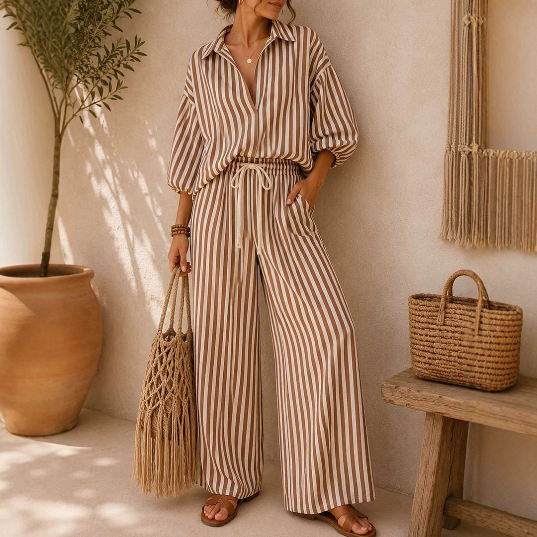 French Striped Shirt Wide Leg Pants Set