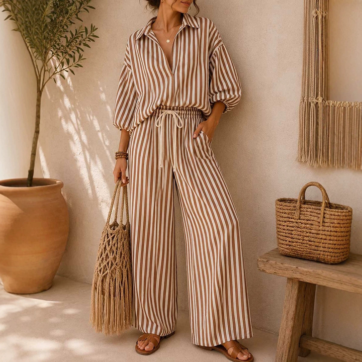 French Striped Shirt Wide Leg Pants Set