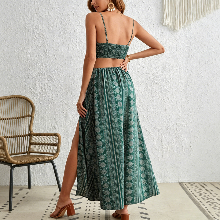 Floral print backless halter-neck slit resort dress