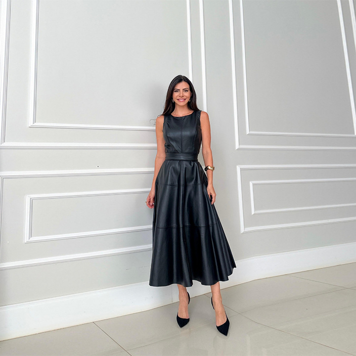 Elegant Faux Leather Midi Dress