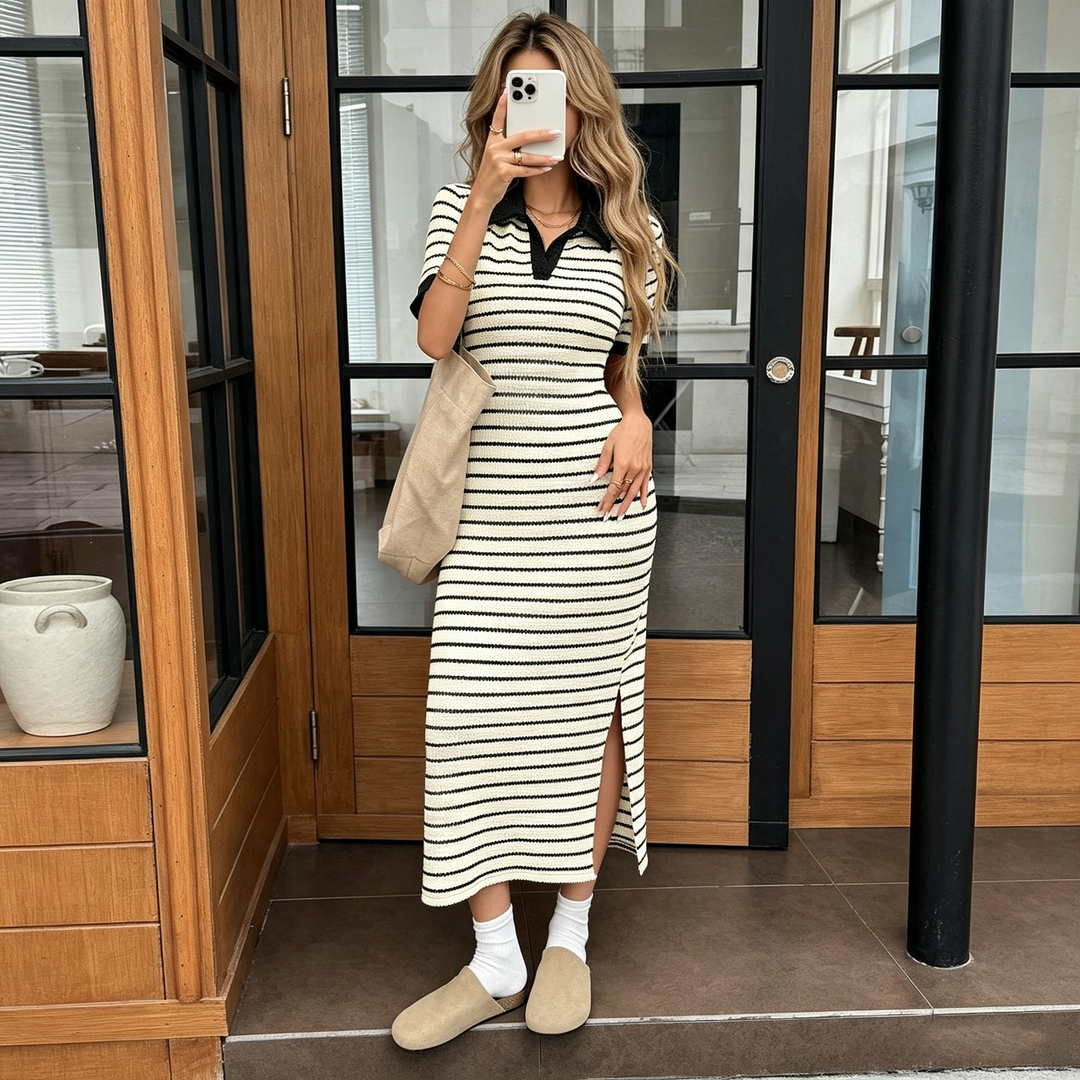 Elegant Striped Polo Knit Midi Dress
