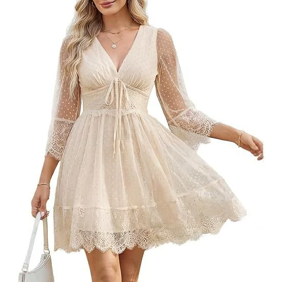 Elegant Lace Trim Swiss Dot Mini Dress