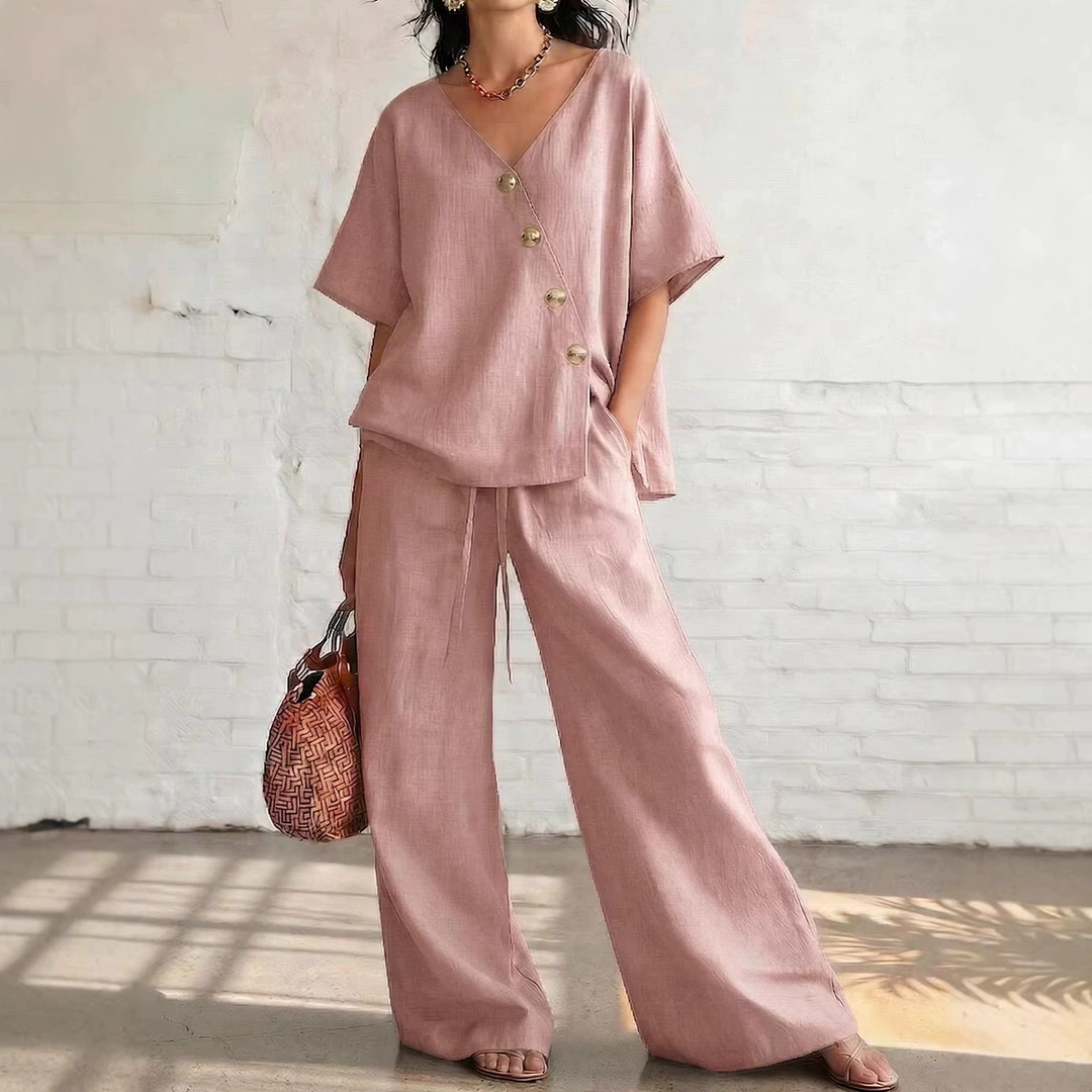 V-Neck Top &amp; Drawstring Pants Lounge Set