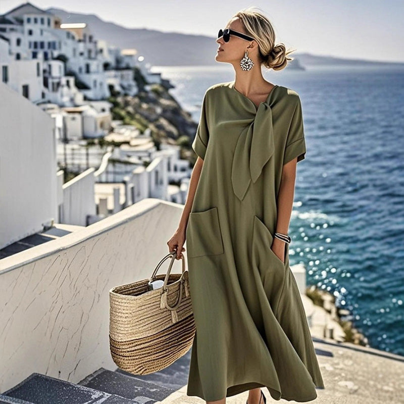 Relaxed Tie-Neck Linen Blend Midi Dress