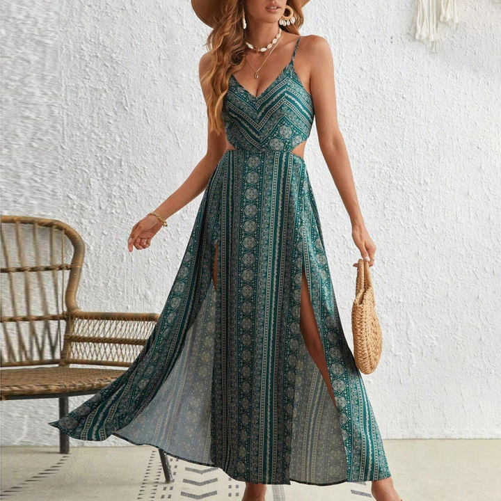 Floral print backless halter-neck slit resort dress