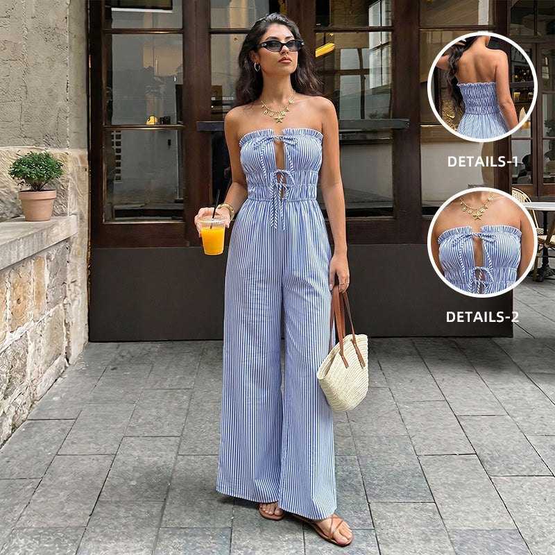 Striped Strapless Wide Leg Jumpsuit