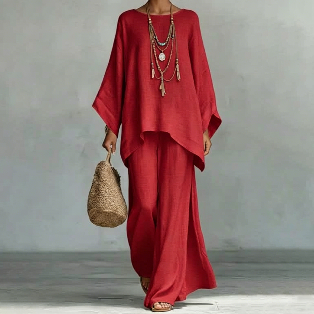 Elegant Linen Blend Top &amp; Wide Leg Pants Set