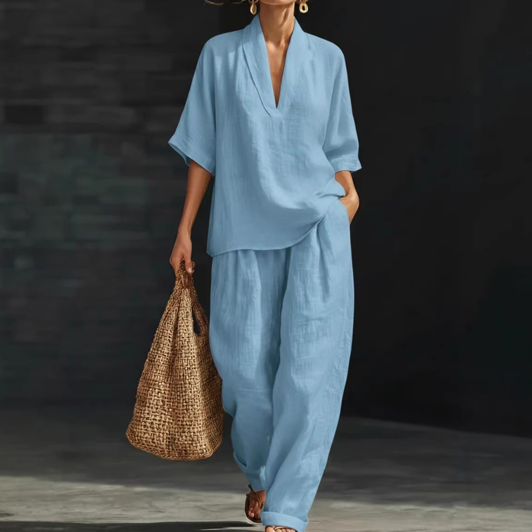 Linen Blend V-Neck Wide Leg Lounge Set