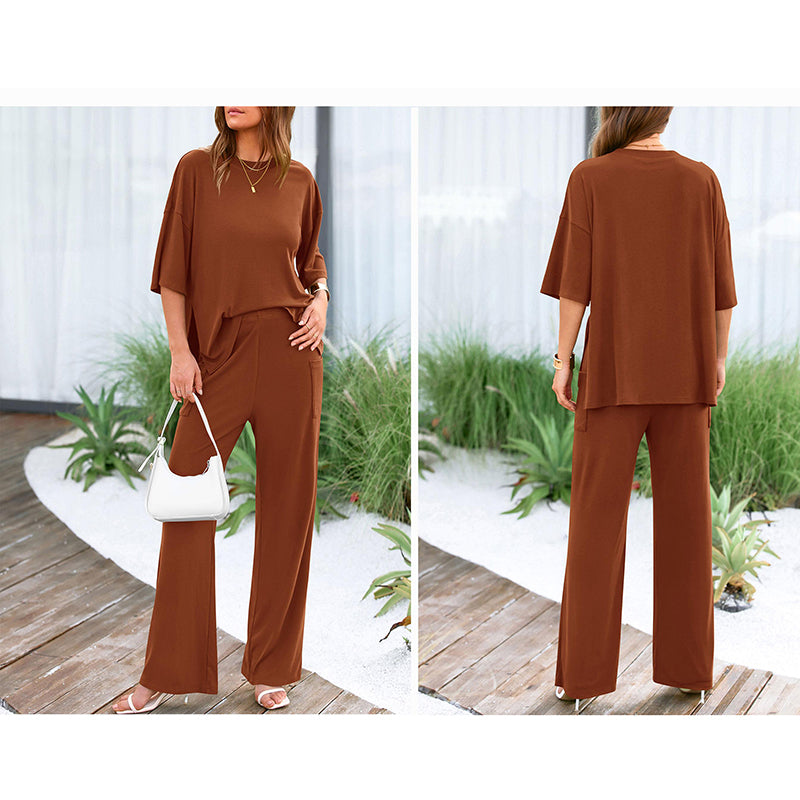 Short-sleeved casual top and wide-leg pants loungewear set