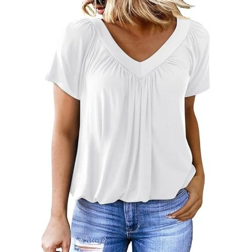 Casual V-Neck Shirred Short Sleeve Top