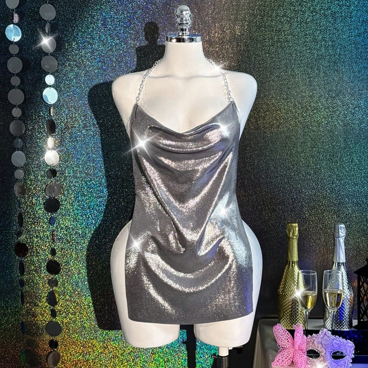 Women’s Metallic Chain Halter Mini Dress