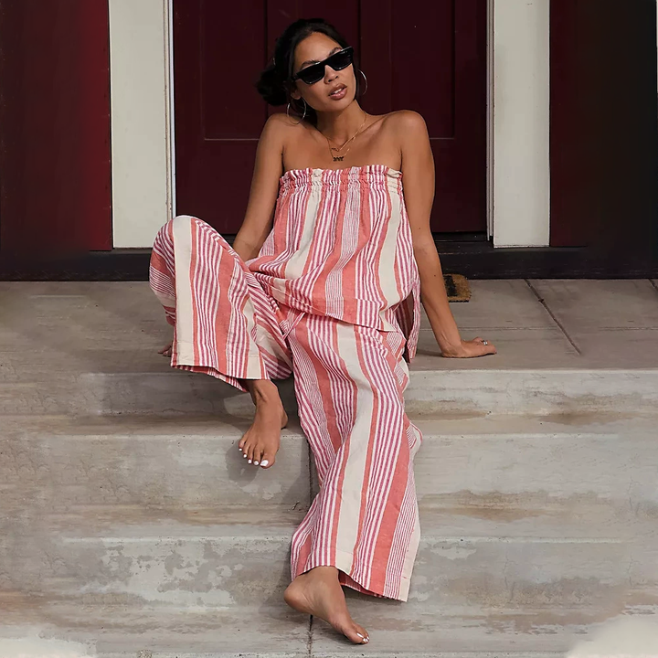 Elegant Striped Strapless Resort Co-Ord Set