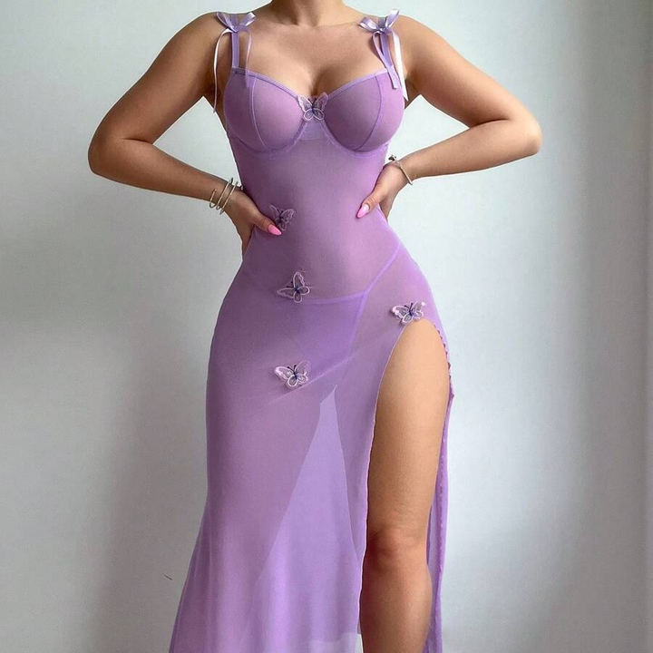 Women’s Sheer Mesh Lingerie Dress Set with Butterfly Embroidery
