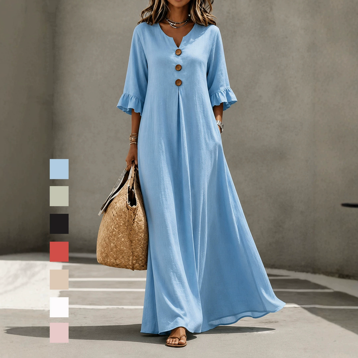 Relaxed Linen Blend Henley Maxi Dress