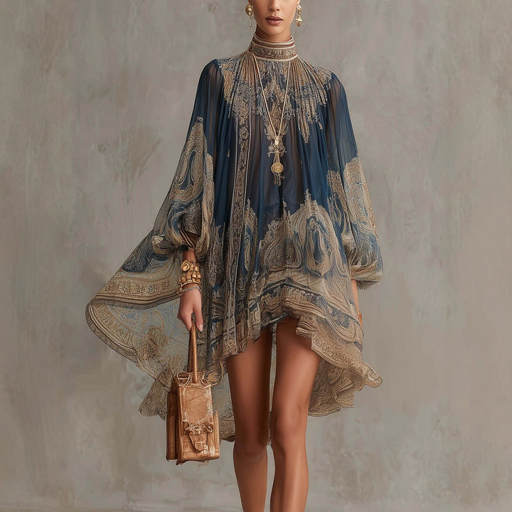 Elegant Baroque Print Chiffon Mini Dress
