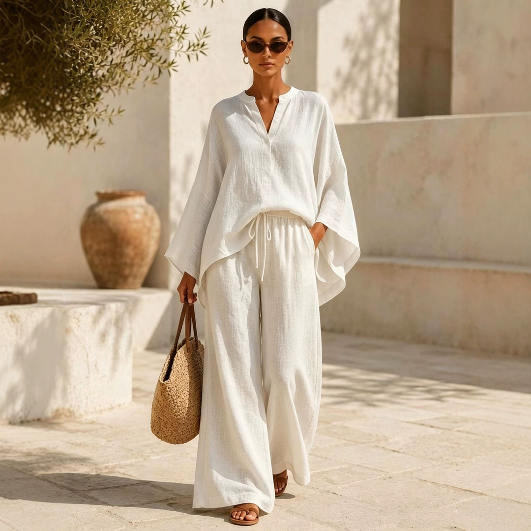 Batwing Sleeve V-Neck Top &amp; Wide Leg Pants Set
