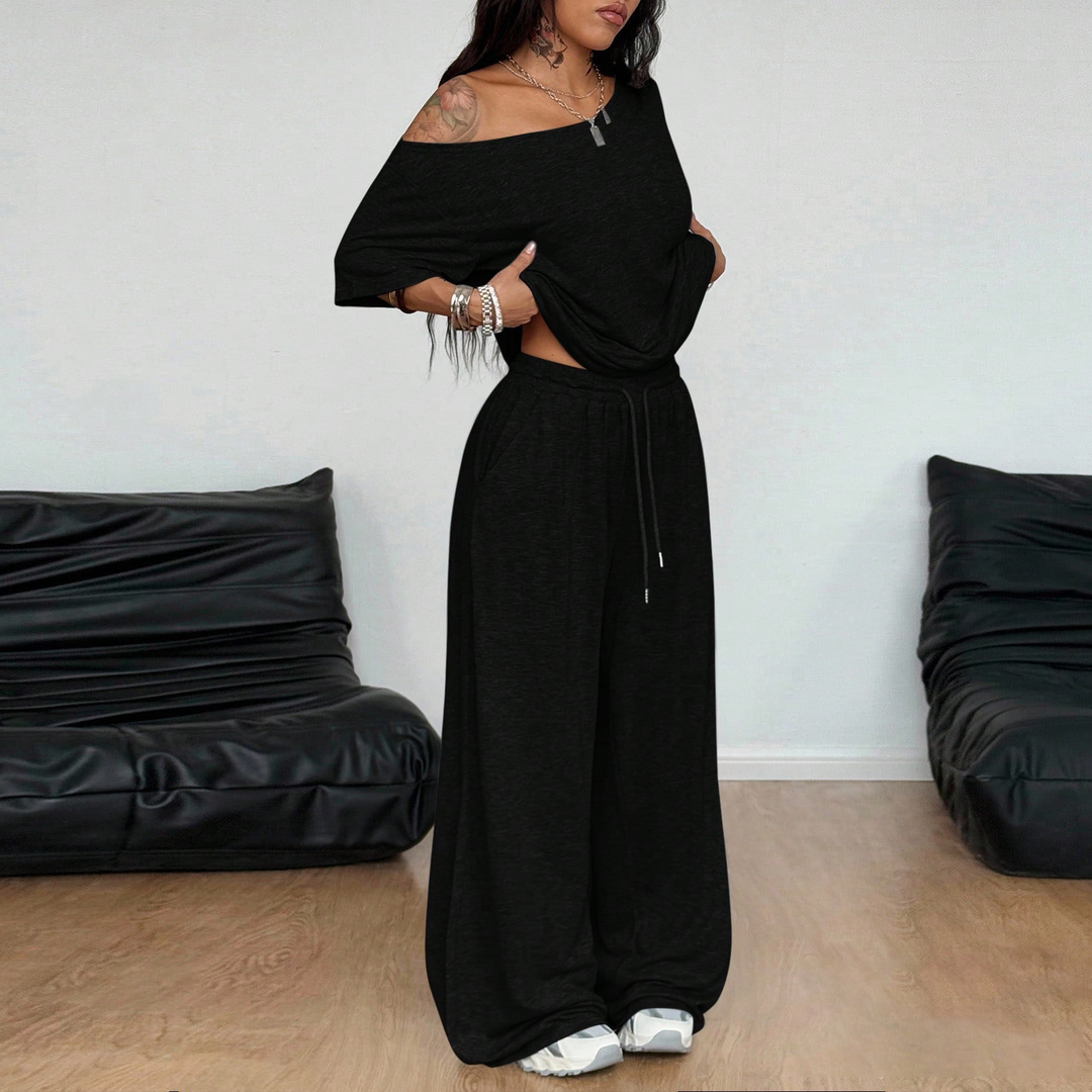 Off-shoulder wide-leg casual set
