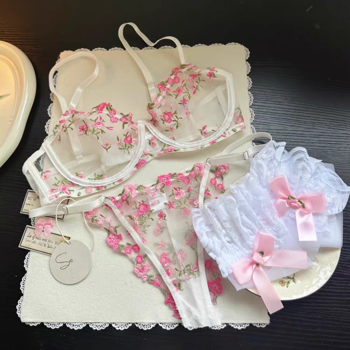 French Embroidered Tulle Underwire Bra Set