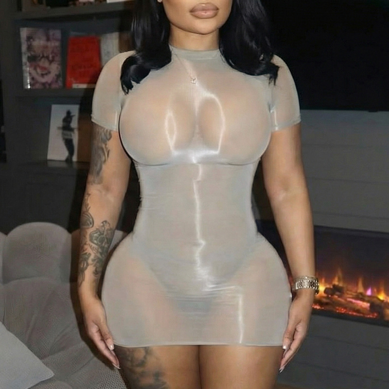 Women’s Sheer Bodycon Mini Dress – Short Sleeve