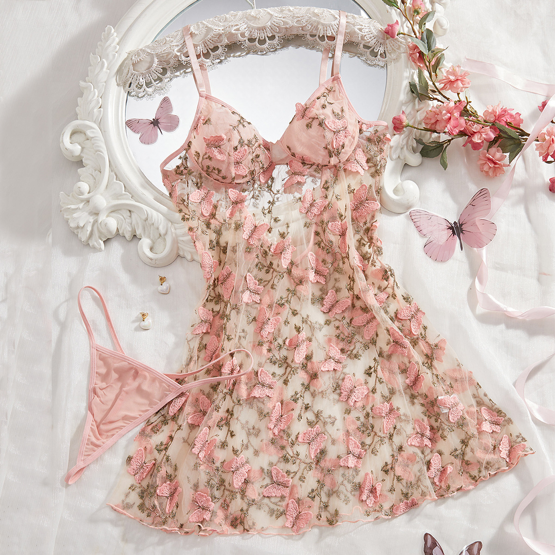 Women’s Butterfly Embroidered Nightdress Set – 2-Piece