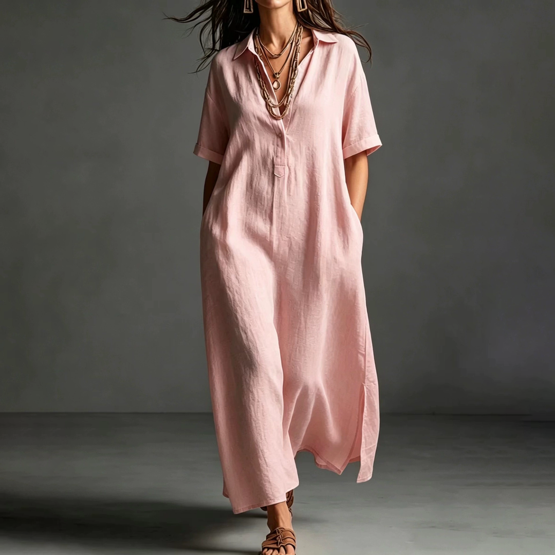 Linen Blend Collared Maxi Dress