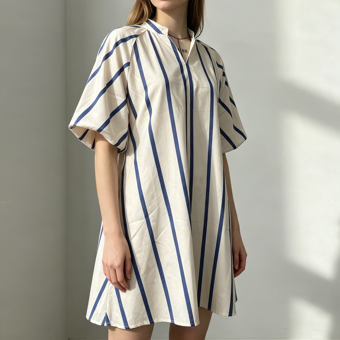 Elegant Striped Puff Sleeve Mini Dress