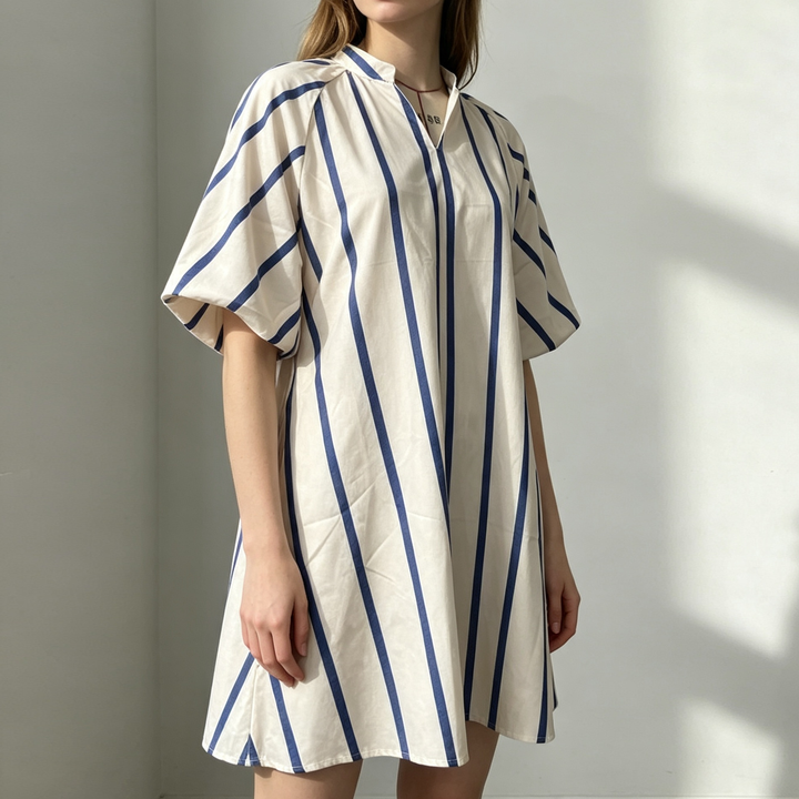 Elegant Striped Puff Sleeve Mini Dress