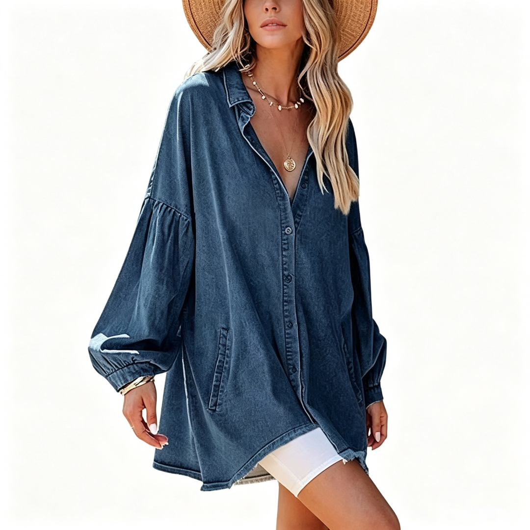 Oversized denim shirt dress with puff sleeves