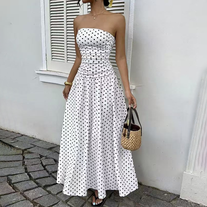 Strapless Polka Dot A-Line Maxi Dress