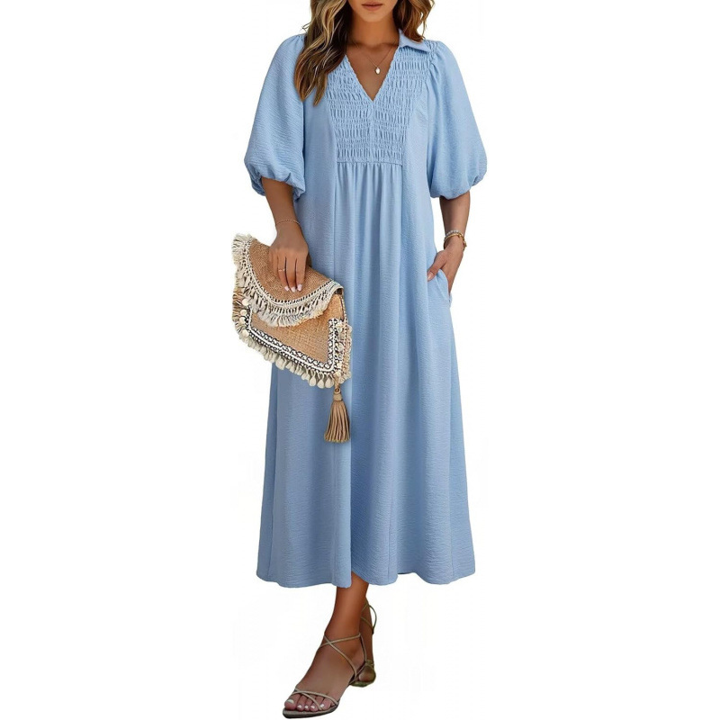 Relaxed Smocked V-Neck Midi Dress