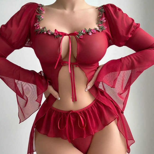 Women’s Sheer Mesh Lingerie Set – Floral Trim