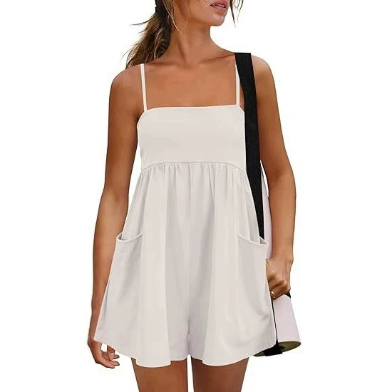 Square Neck Romper with Pockets