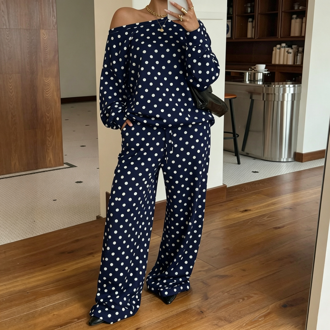 Polka dot off-shoulder long-sleeved drawstring set