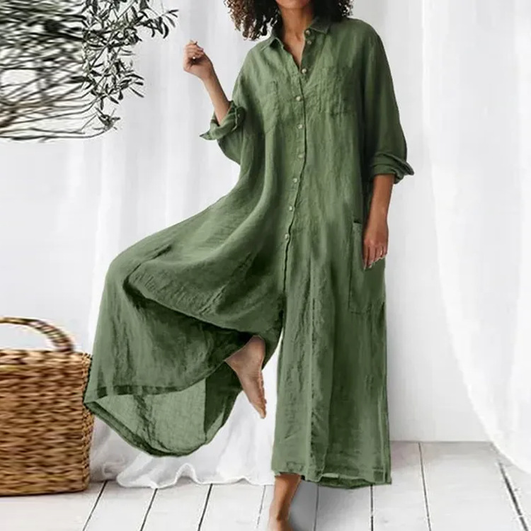 Linen Blend Long Sleeve Shirt Jumpsuit