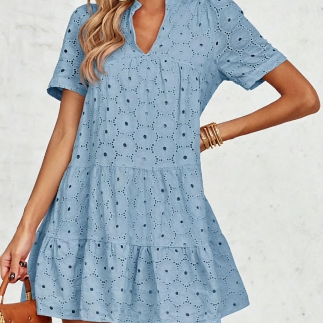 Elegant Eyelet Embroidered V-Neck Mini Dress