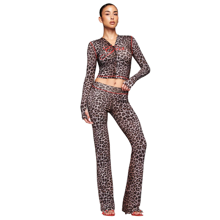 Leopard print zipper street style tracksuit