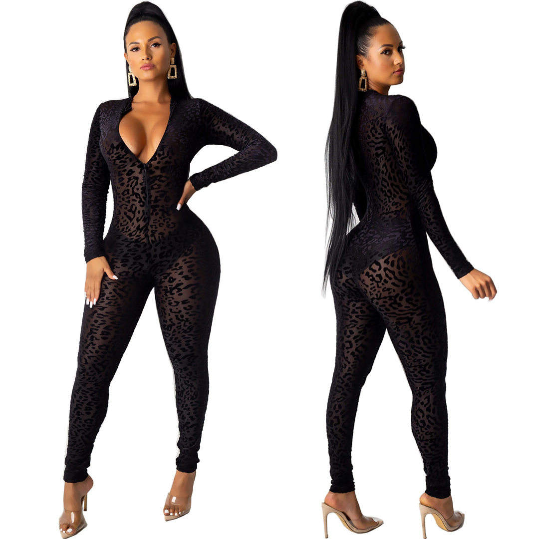 Women’s Sheer Leopard Jumpsuit – Long Sleeve
