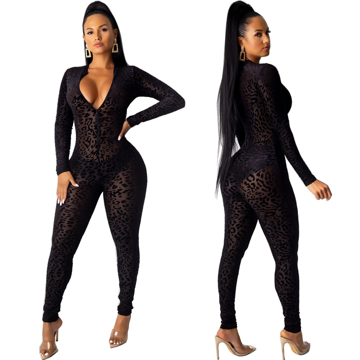 Women’s Sheer Leopard Jumpsuit – Long Sleeve