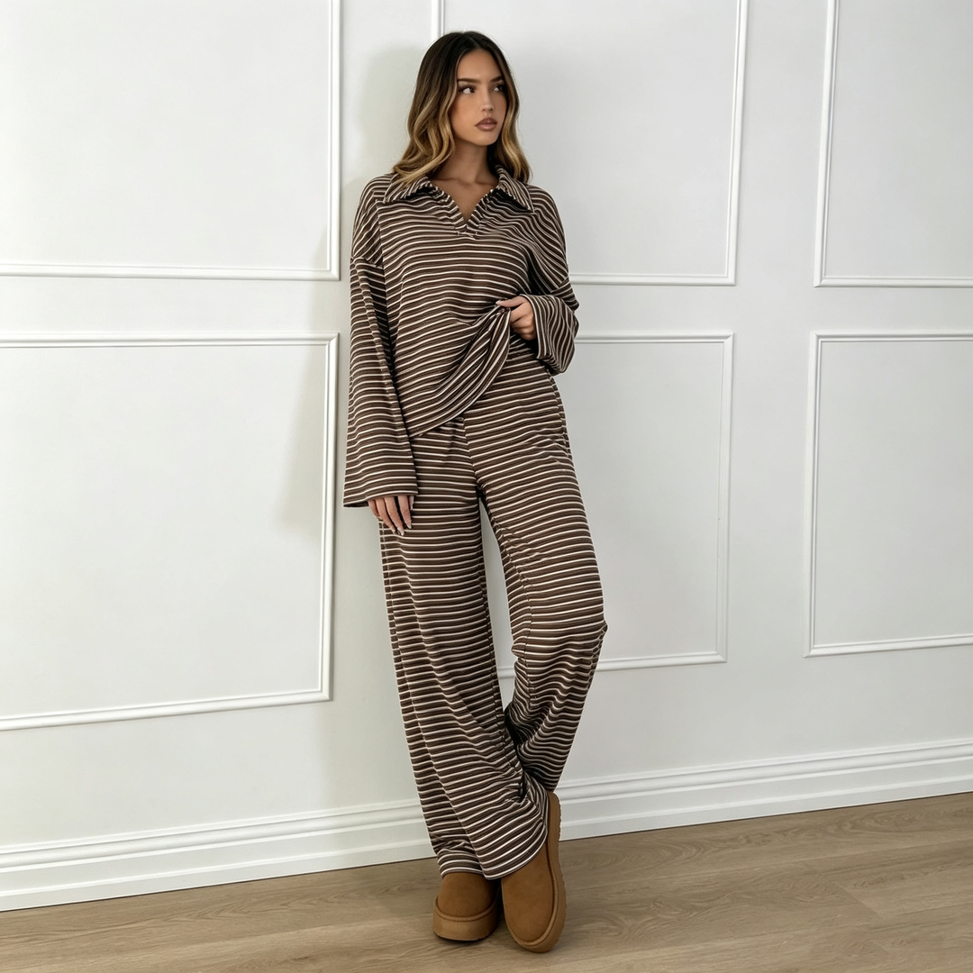 Striped Polo Neck Wide Leg Lounge Set