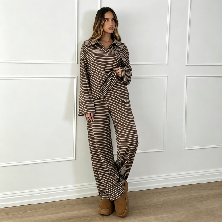 Striped Polo Neck Wide Leg Lounge Set