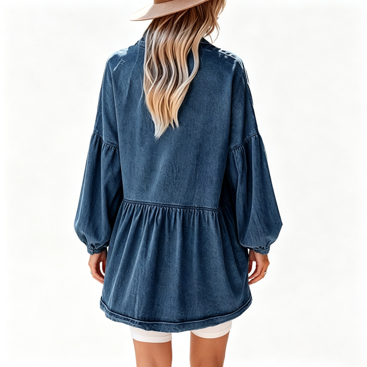 Oversized denim shirt dress with puff sleeves