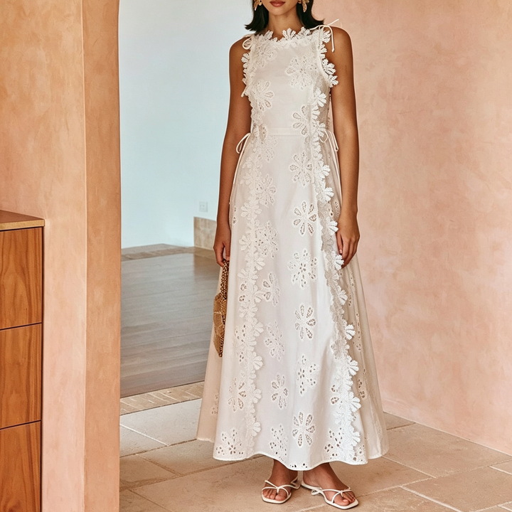 White Floral Lace Tie Waist Maxi Dress