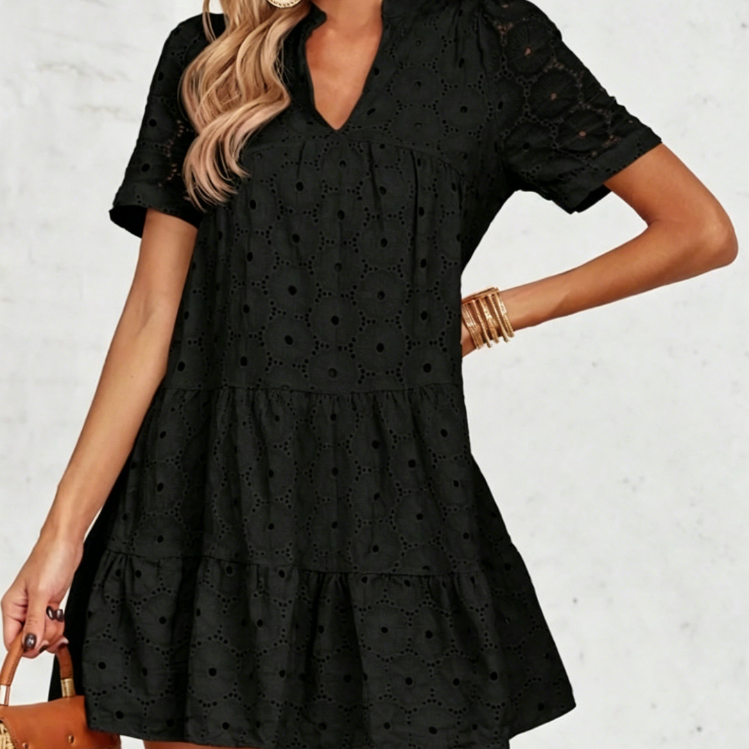 Elegant Eyelet Embroidered V-Neck Mini Dress